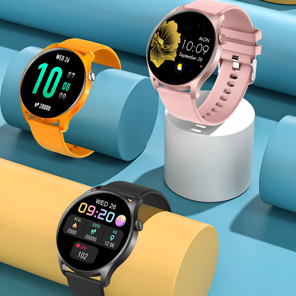 Bluetooth smart watch with 1.3 inch screen showing heart rate monitoring display on wrist