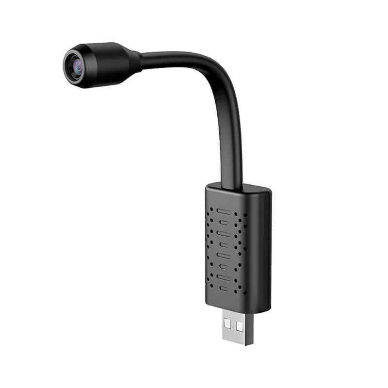 Black V380 wireless USB security camera showing front view and compact rectangular shape.