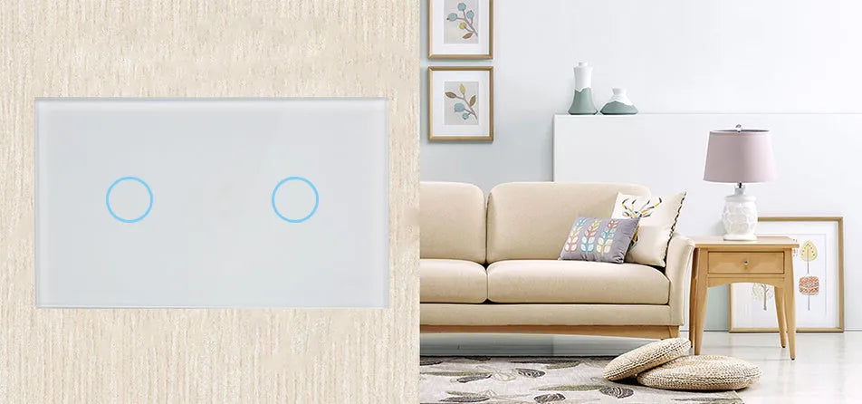Tempered glass 2-gang touch light switch with RF remote control in black, white or gold finish