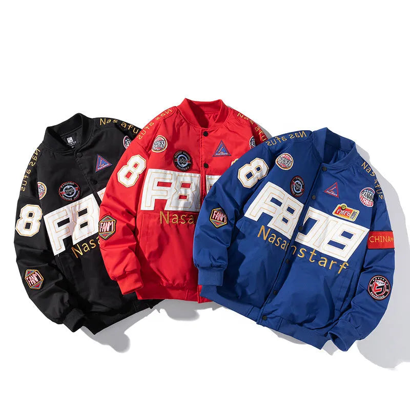 Motorcycle baseball uniform jacket in black, red or blue with removable hood options