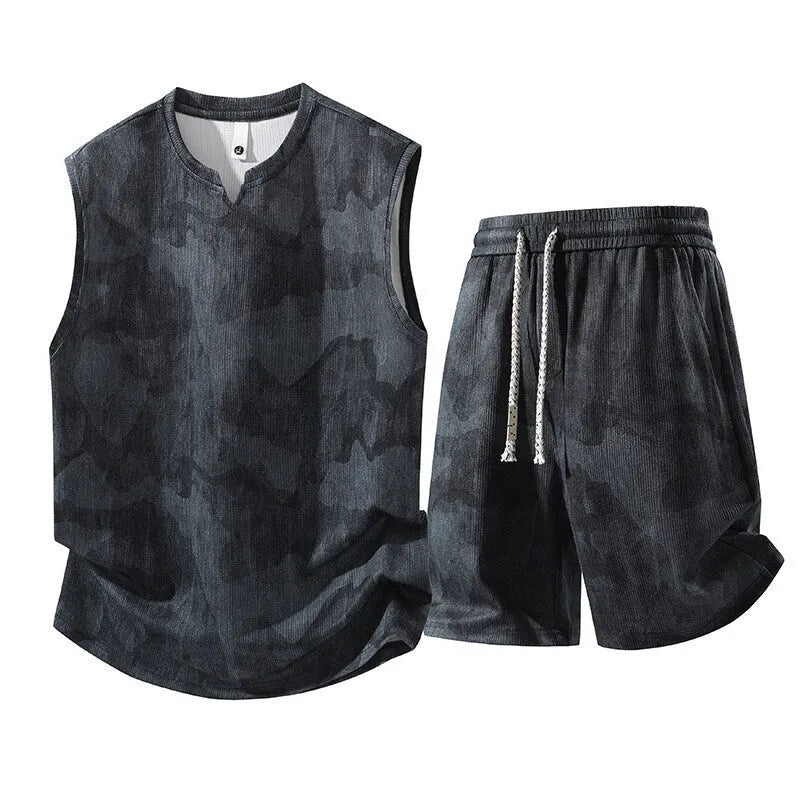 Sleeveless vest and shorts two-piece casual set for plus sizes on a hanger