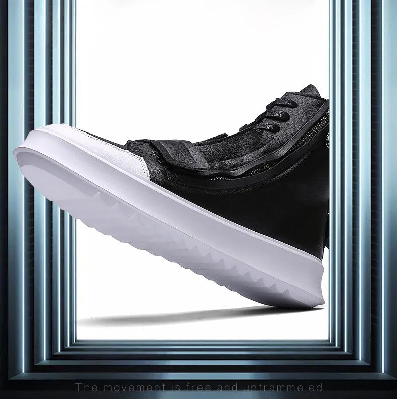 Men's black PU leather ankle boot with high-top sneaker design on a white background