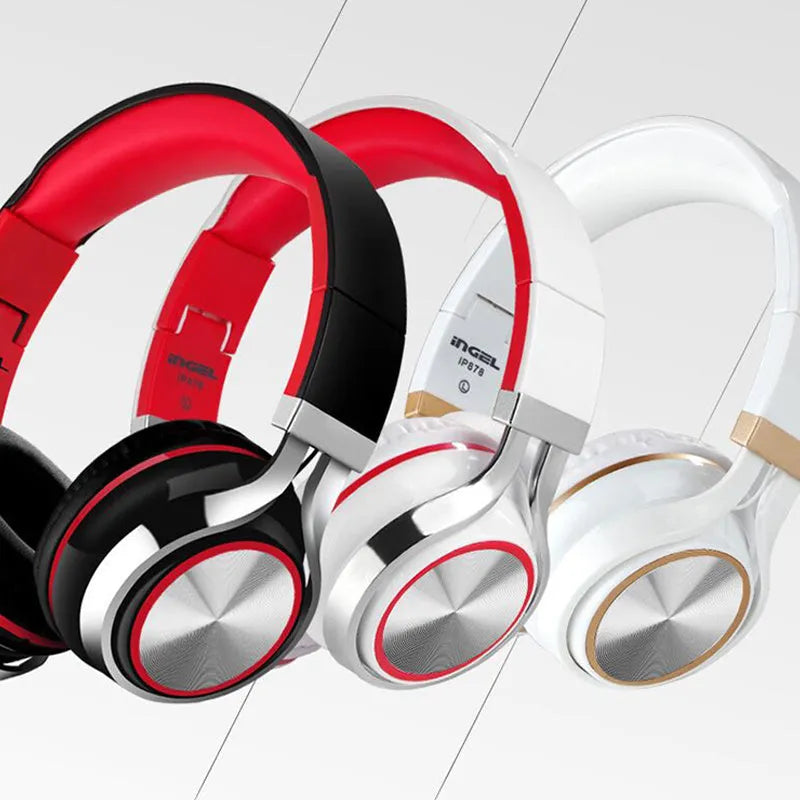 Black folding Bluetooth headset with over-ear cups shown in open and closed positions