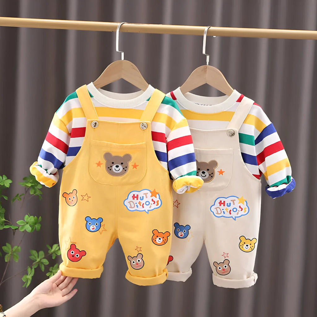 Boys' plaid top overalls suit in yellow and milky white cotton shirt and pants set for heights 80-120cm