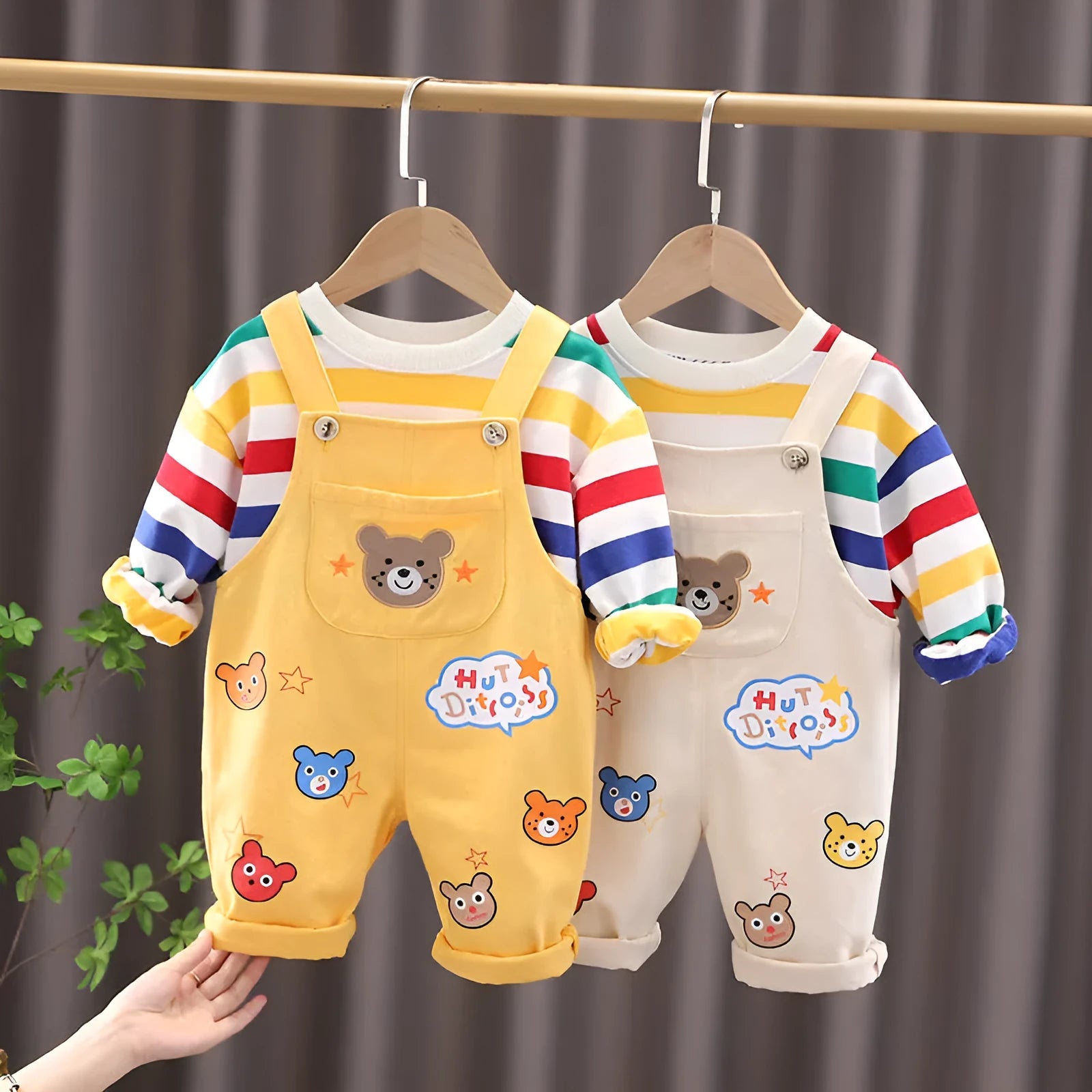 Boys' plaid top overalls suit in yellow and milky white cotton shirt and pants set for heights 80-120cm