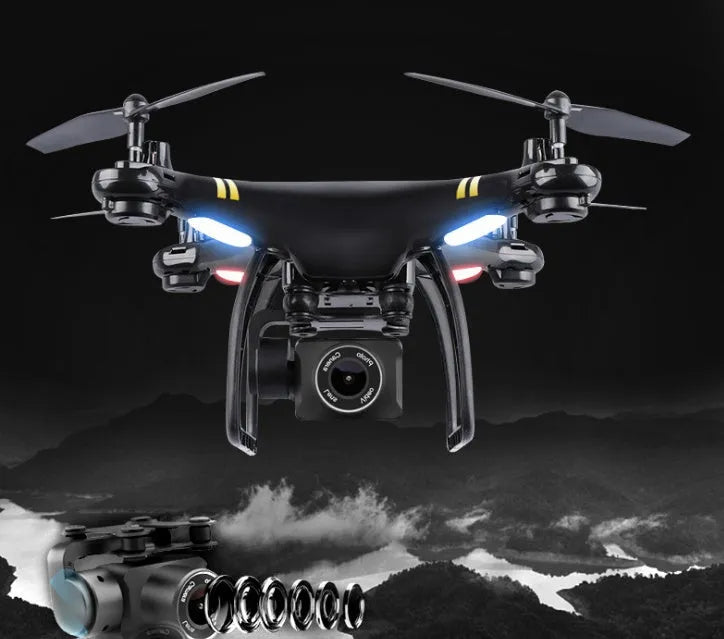 Black 5G GPS quadcopter drone with HD camera and fence guards on a flat surface