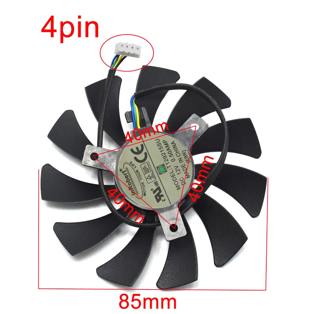 Black 85mm computer cooling fan with 4-pin connector for graphics card airflow