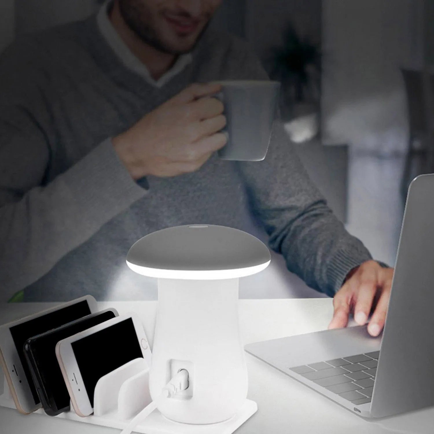 White mushroom-shaped USB charging dock station with five ports and integrated LED night light on a desk.