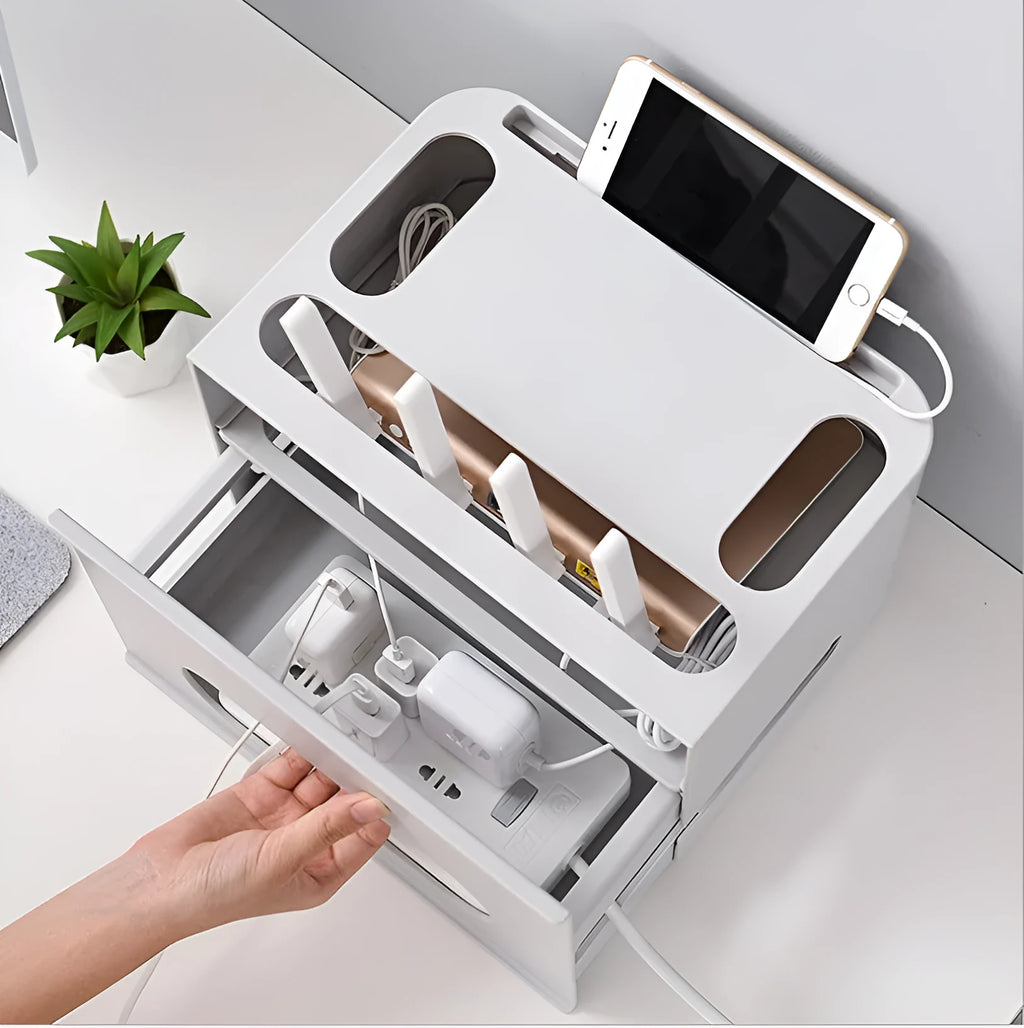 Plastic wireless router storage box in grey or white colour for cable organisation
