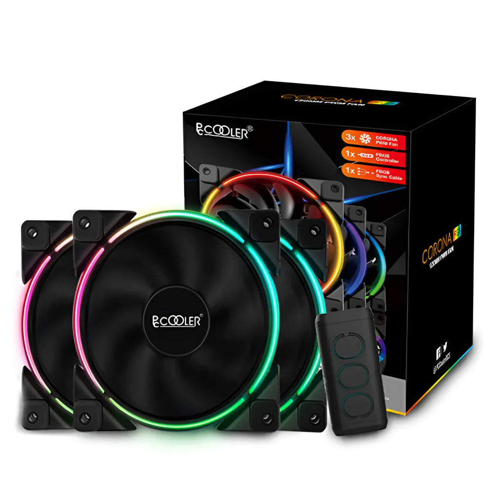 Three black 120mm RGB PC cooling fans with hydraulic bearings and synchronised lighting effects