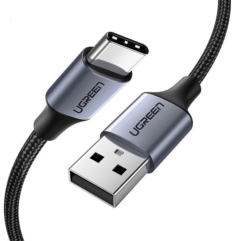 Ugreen black nylon braided USB Type-C to USB-A fast charging cable with alloy connectors.
