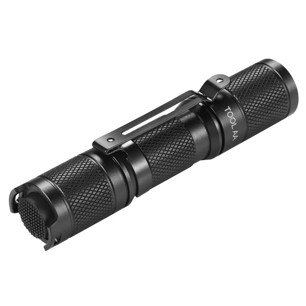 Black Lumintop Tool AA 2.0 aluminium keychain flashlight with magnetic tail cap and diffuser accessory.
