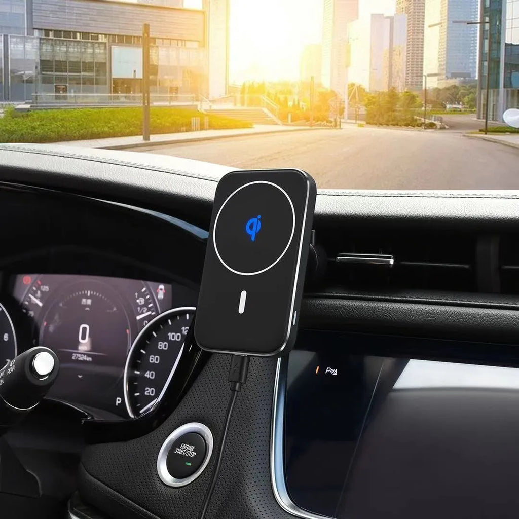 Black M6 magnetic wireless car charger bracket mounted in vehicle