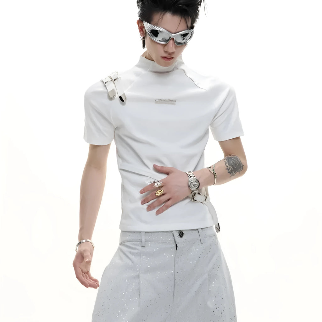 Men's slim fit cotton T-shirt with metal belt design on stand-up collar in black or white