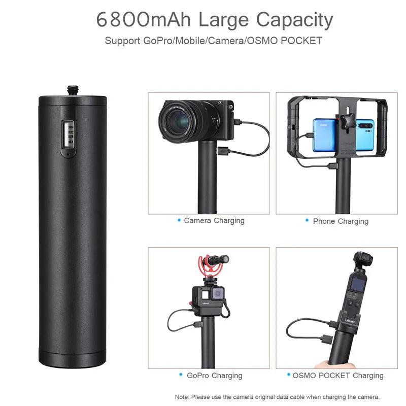 Black aluminium alloy charging treasure handle portable power bank showing size and USB port.