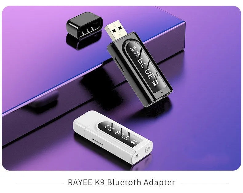 Black USB car FM Bluetooth receiver for MP3 playback with USB and AUX ports.