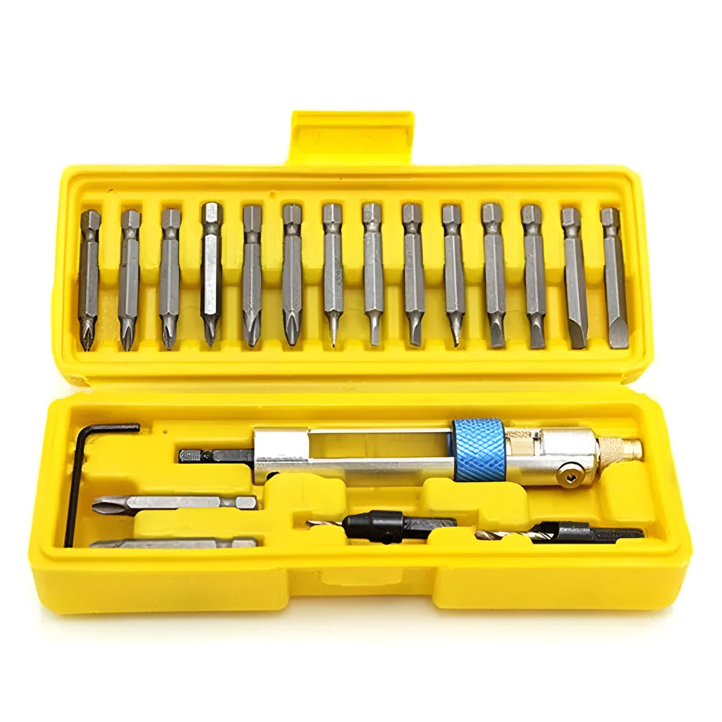 Half Time Drill quick change adapter with swivel head, 18 drill bits, and 2 countersink bits for woodworking