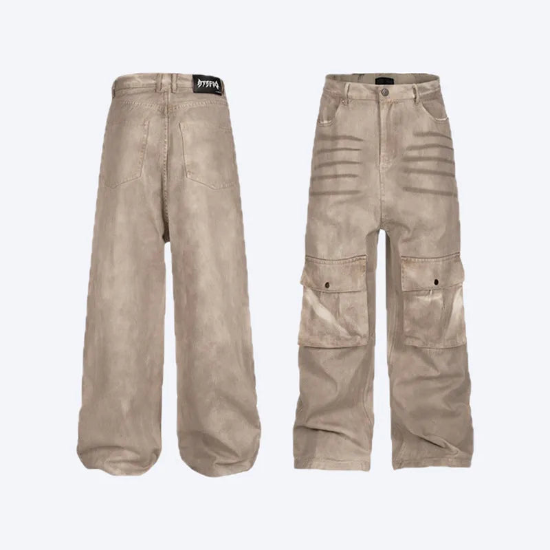 Dark marble loose A-line casual trousers with straight leg design and pure cotton denim fabric