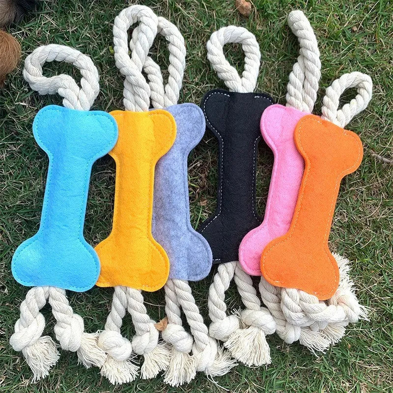 Blue bone-shaped dog chew toy made of felt fabric with visible rope knots.