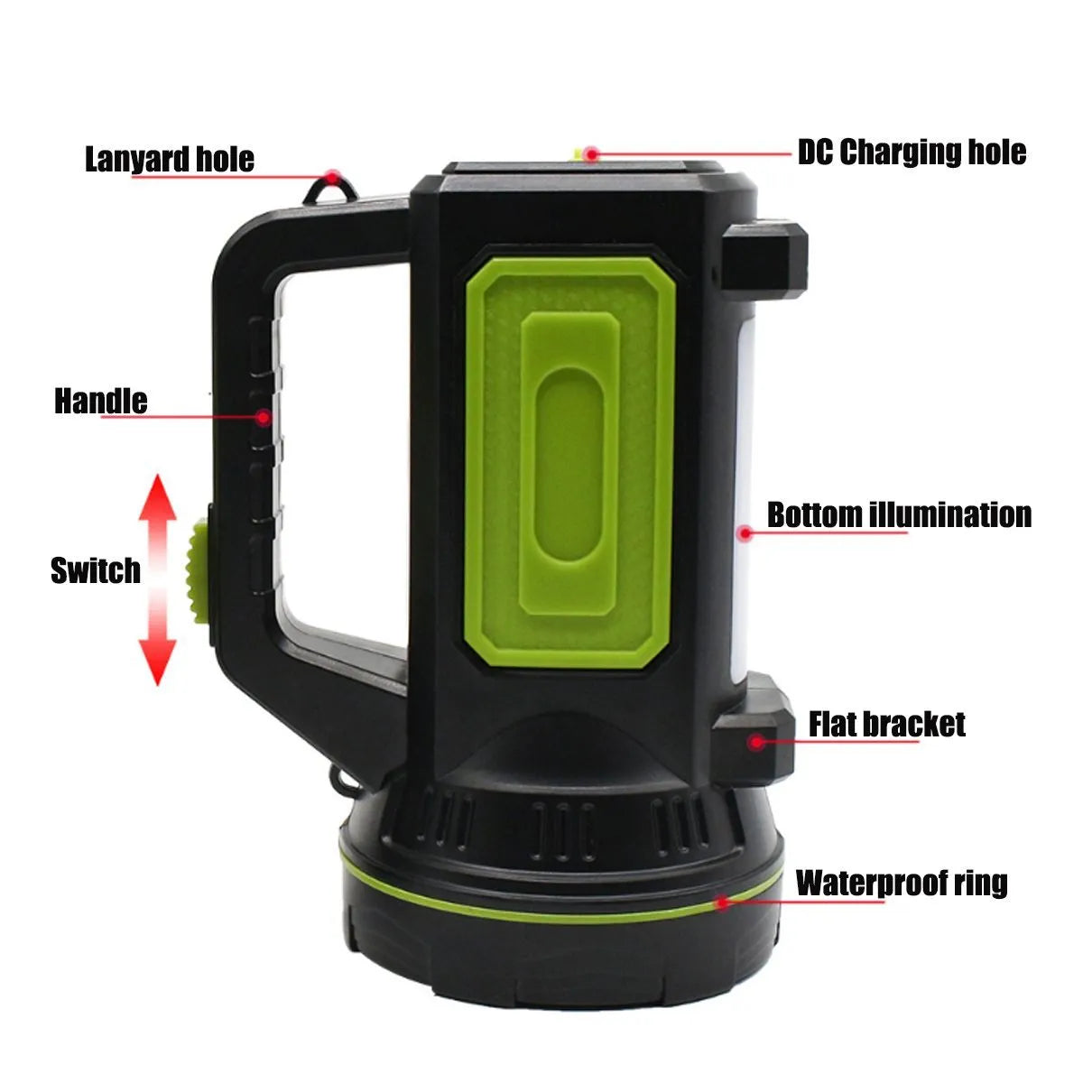 Green USB rechargeable super bright LED flashlight with long-range beam on a table.