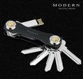 Multi-function metal keychain in grey, slim stainless steel and anodized aluminium design for key storage