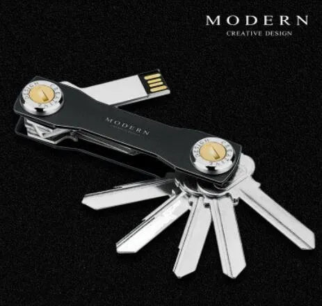 Multi-function metal keychain in grey, slim stainless steel and anodized aluminium design for key storage