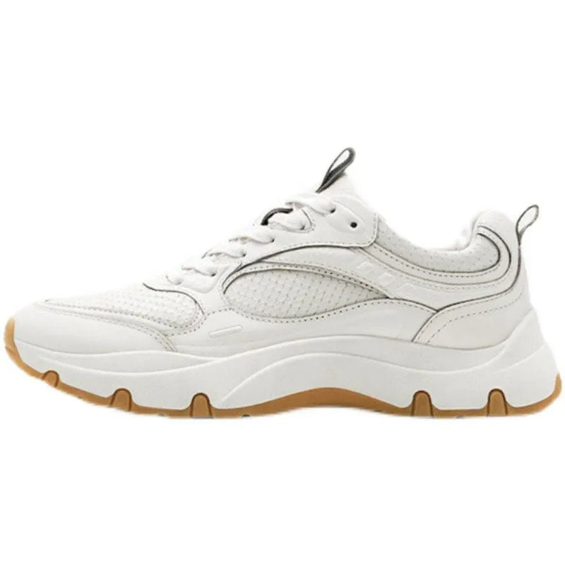 Women's beige off white round toe sneakers with top layer cowhide upper, cross straps, and thick sole