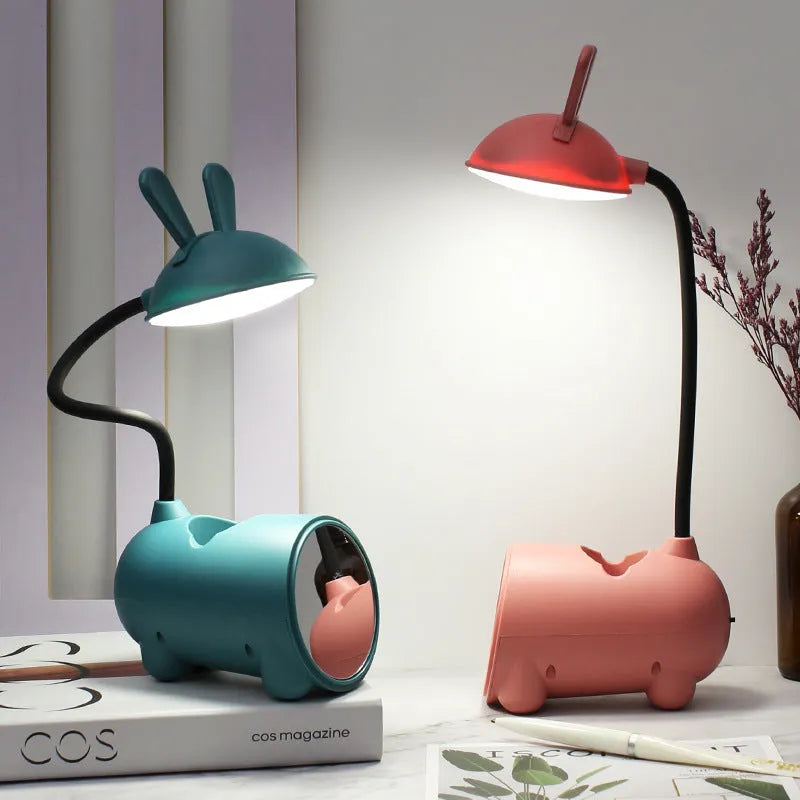 Green cartoon desktop USB table lamp with pen container, modern simplicity design