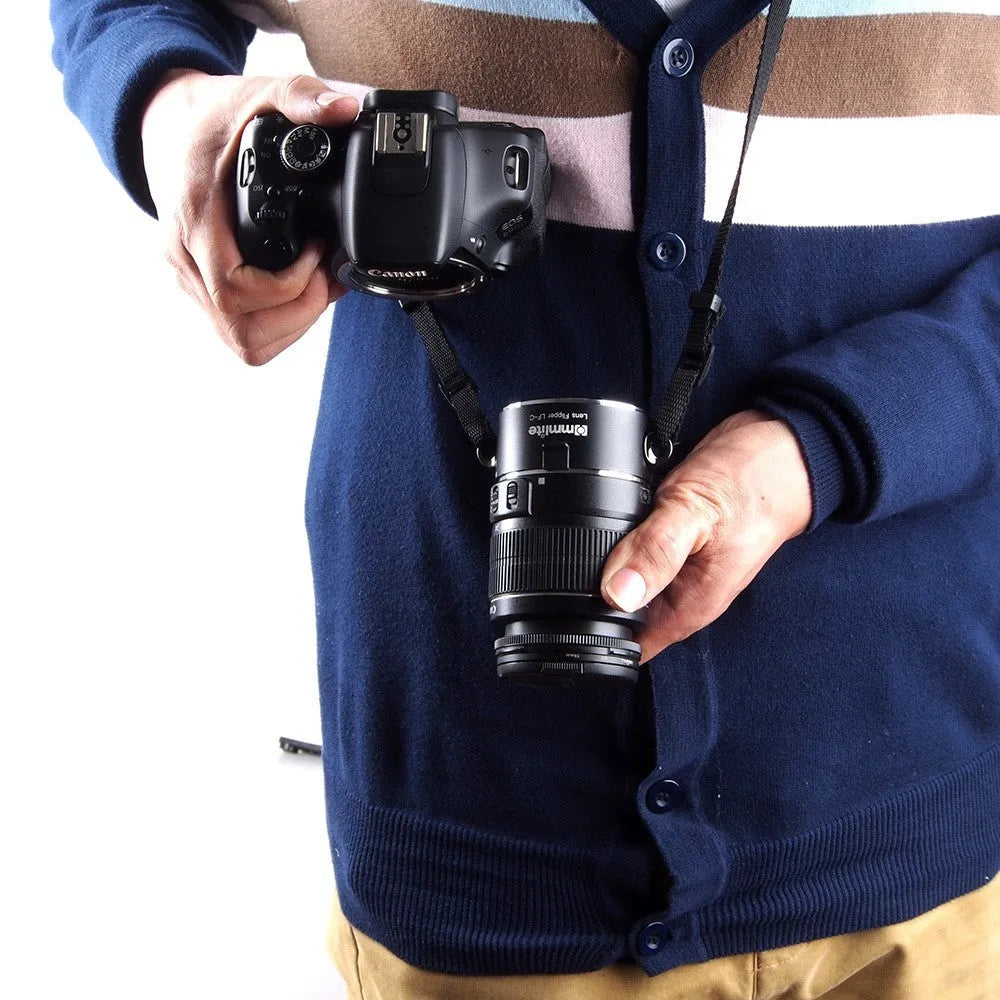 Aluminium Lens Flipper holder for Canon Nikon Sony cameras with a cotton shoulder strap