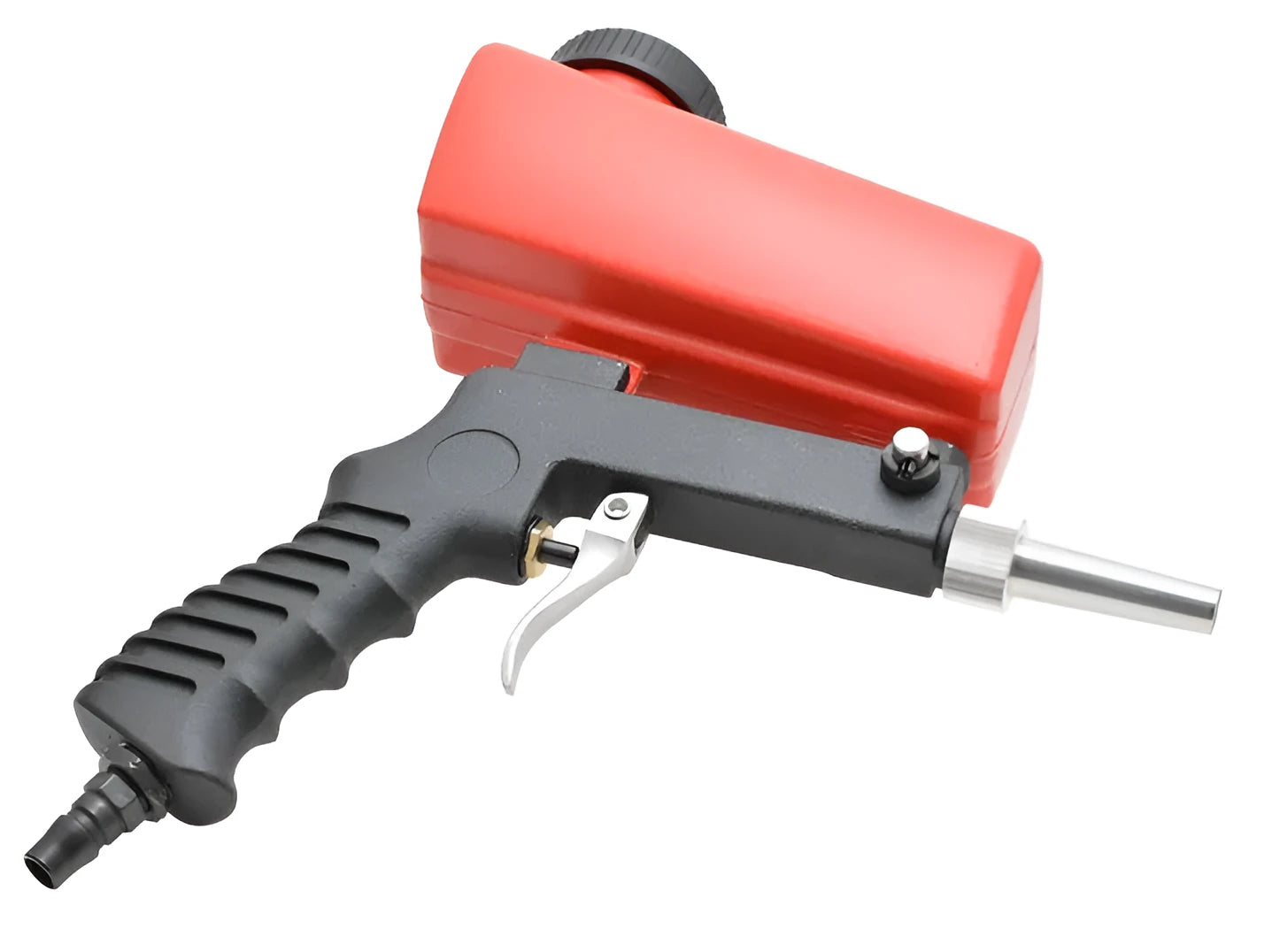 Portable blue pneumatic sandblasting gun with gravity feed tank and nozzle.