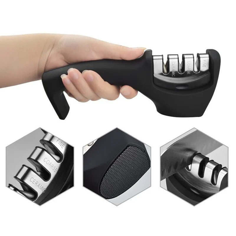 Manual knife sharpener in black with three-stage slots and rubber feet, shown with a kitchen knife.