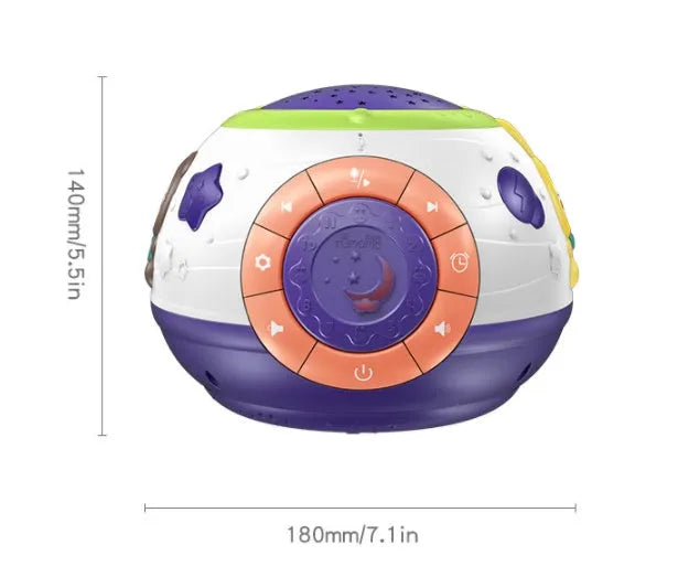 White starry sky night light projector for children on a table, showing colourful light projection.