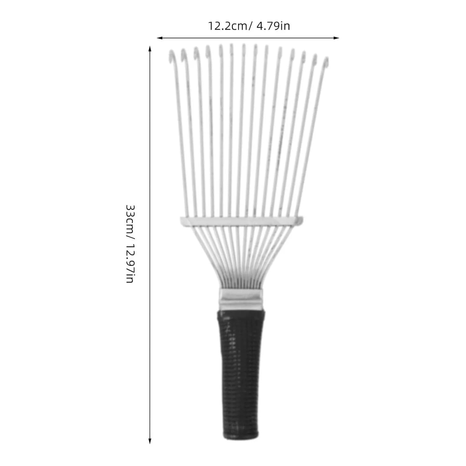 Black stainless steel animal grooming rake with curved teeth, 33 cm length