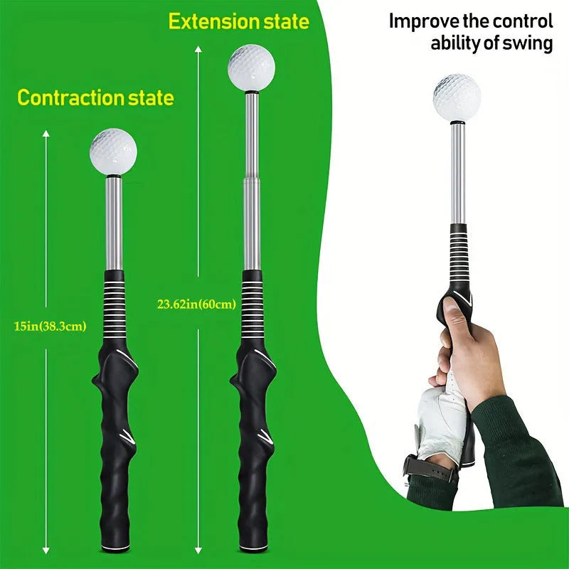 Telescopic stainless steel golf swing trainer simulator in black, blue, or red.