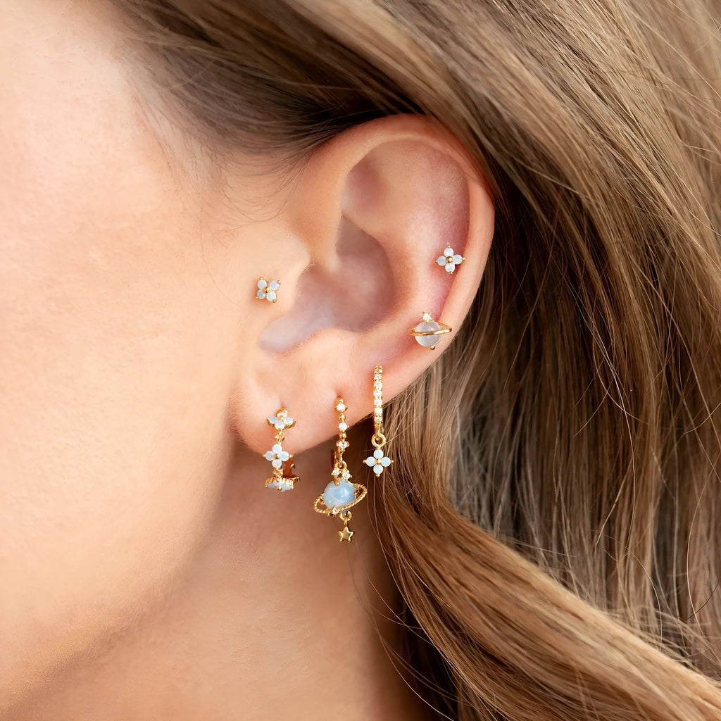 Japanese Korean style flower earrings with blue protein nail design and zircon accents in gold or silver colour