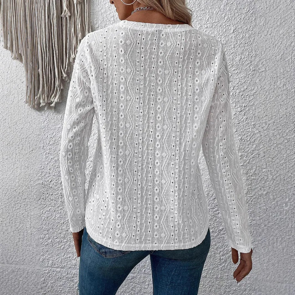 White long sleeve hollow T-shirt top with round neck and loose fit