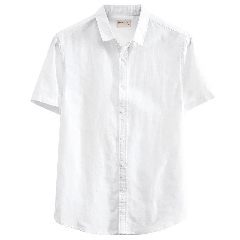 Men's casual square collar linen short sleeve shirt in loose cardigan style
