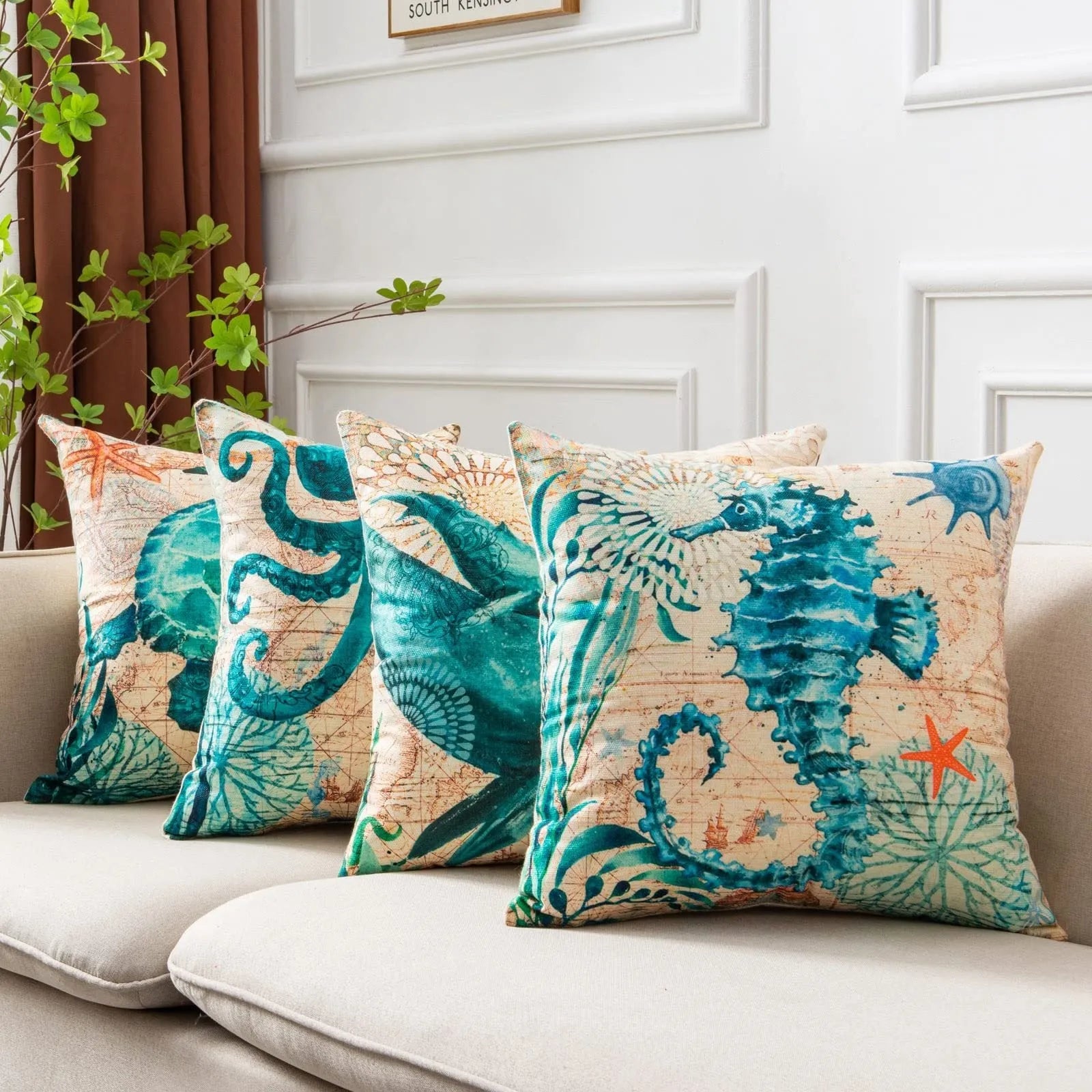 Sea turtle printed linen cushion cover 45x45cm with invisible zipper closure