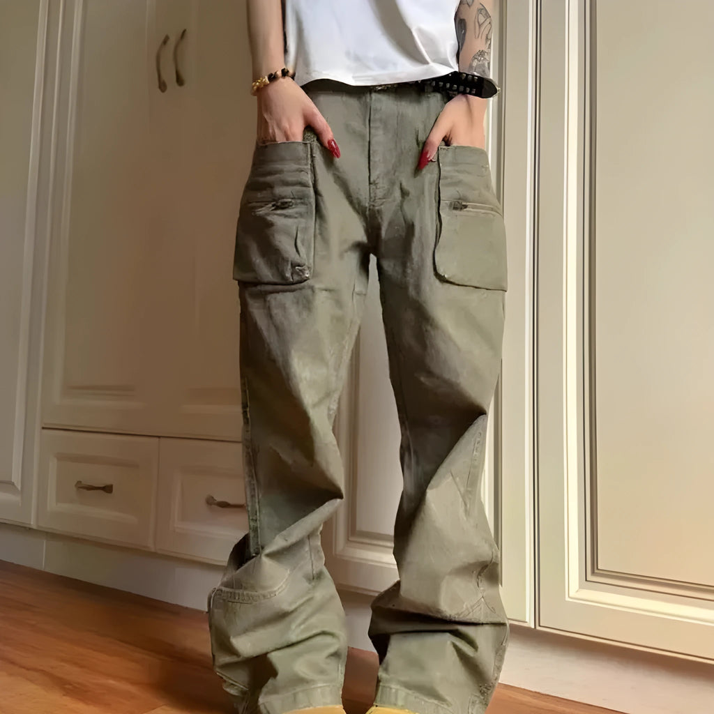 Green and black cotton casual workwear pants with double zipper front closure and multiple pockets