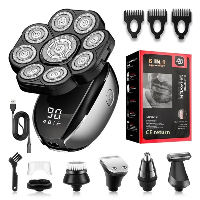 Black 6-in-1 rechargeable hair clippers shaver with multiple grooming attachments including 9D shaving head and nose trimmer