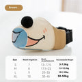 Canvas dog muzzle cover in Ollie brown bear colour, size chart showing S, M, L, XL for dogs 3kg to 50kg.