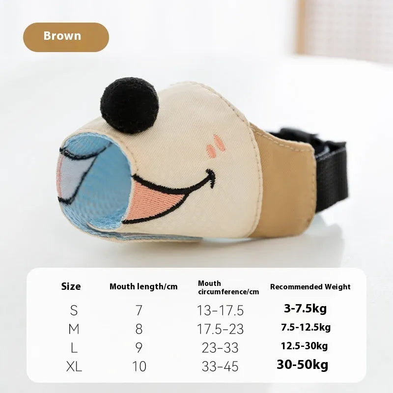Canvas dog muzzle cover in Ollie brown bear colour, size chart showing S, M, L, XL for dogs 3kg to 50kg.