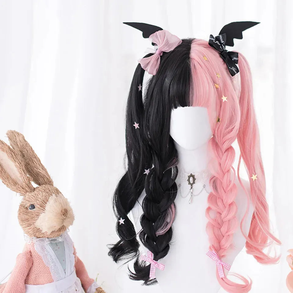Harajuku Lolita wig with long black and pink curly hair and fringe bangs for cosplay