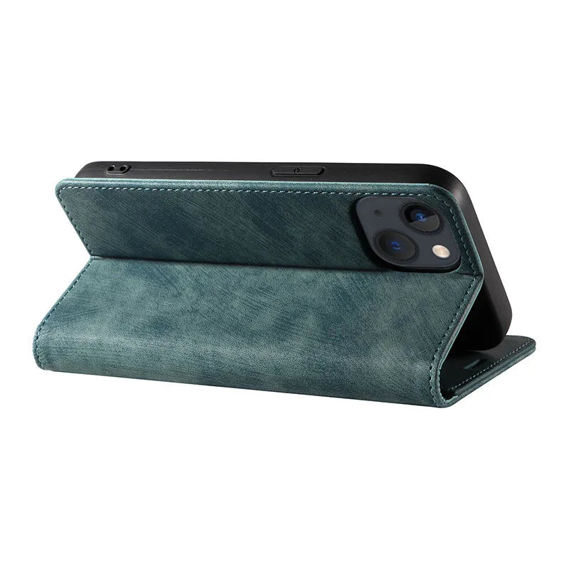 Magnetic flip phone case for iPhone showing front cover with magnetic closure in multiple colour options