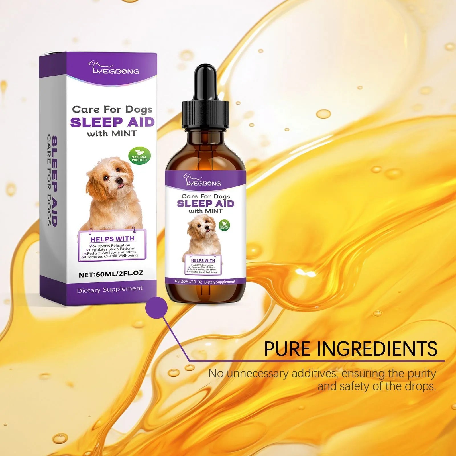 60ml bottle of dog sleep drops calming liquid with mint extract for night-time pet anxiety