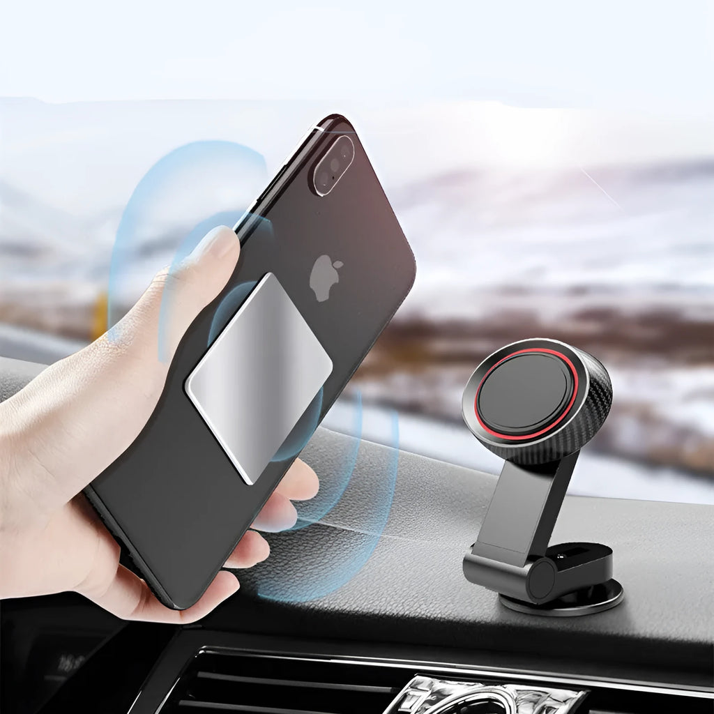 360 degree rotating magnetic car phone holder with sticky base, black, 55x40x95mm, holding a smartphone on a car dashboard