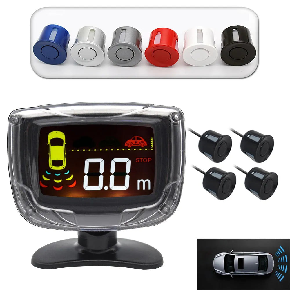 Vehicle reversing sensor system with LED display and four ultrasonic probes