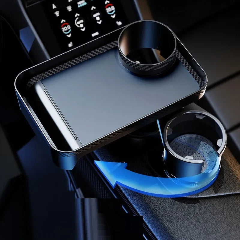 Black ABS car cup holder with removable rotating dinner tray in vehicle