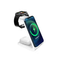 White upright 3-in-1 wireless charging stand holding a mobile phone in portrait orientation.