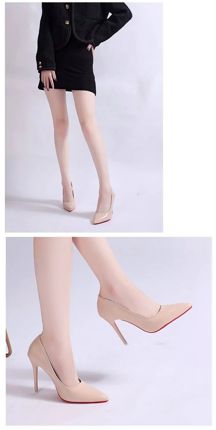 Women's solid colour stiletto heel court shoes with pointed toe and shallow cut design.
